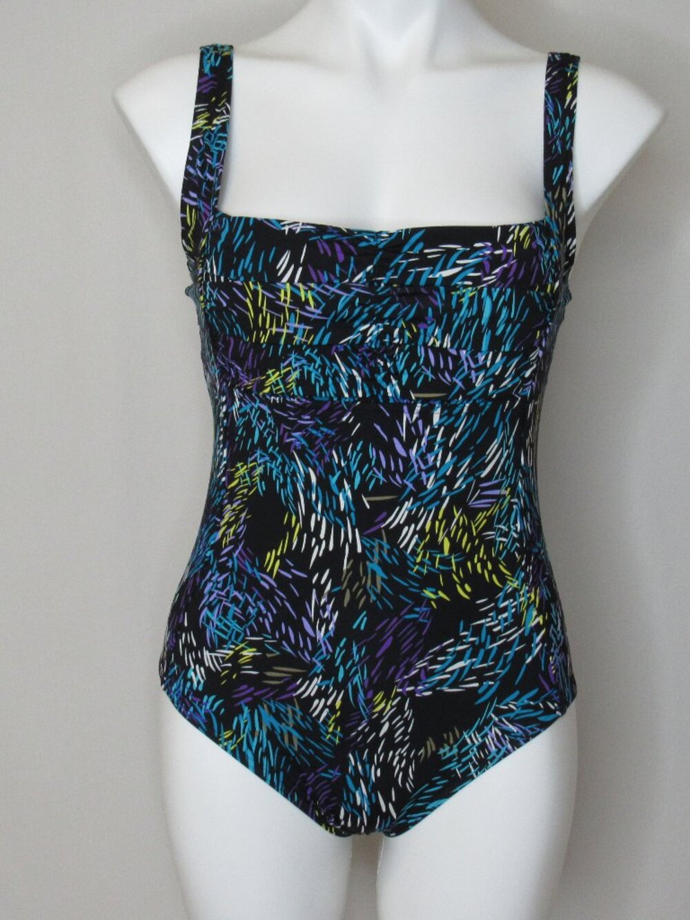 Calvin Klein Black Blue Tropical Print One Piece Swimsuit Square Neck Women's 8